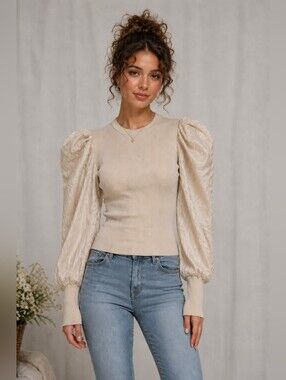 Victoria’s Boutique Puff Sleeve Knit Top Ribbed Stretch Sheer Detail Chic Large